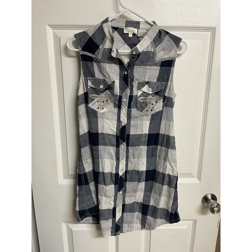Miss Me Womens Sleeveless Plaid Button-Up Shirt Studded Accents Blue White S